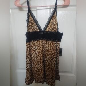 Brown and Black Leopard Print Chemise with Lace Trim